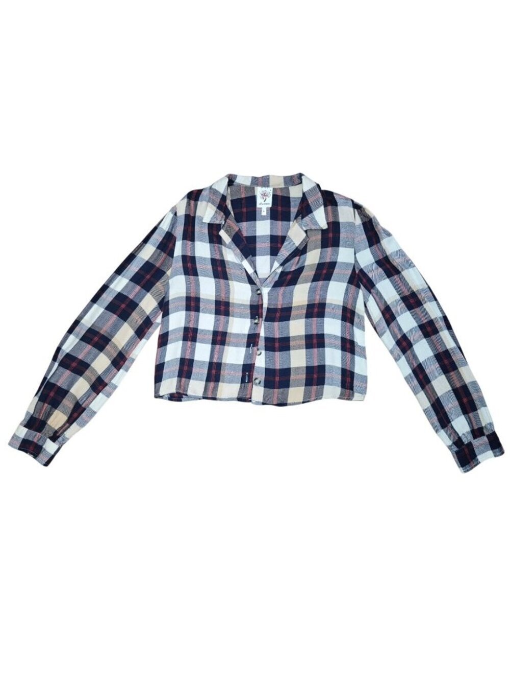 Self Esteem Womens Plaid Cropped Button Up Shirt Medium Blue Beige Long Sleeve.